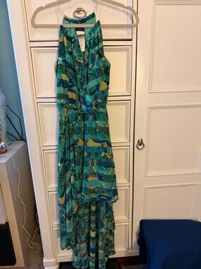 mark. Green and Gold High-Low Halter Maxi Dress